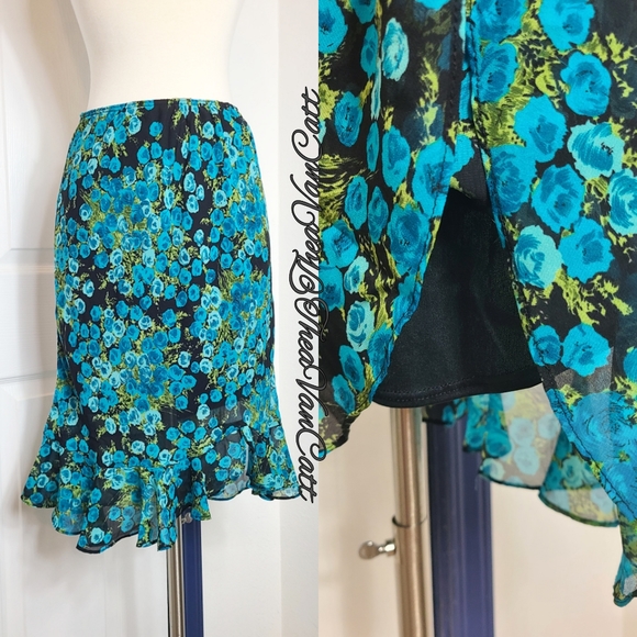 90s Betsey Johnson New York blue rose Bouquets print floral sexy midi skirt y2k! - Picture 2 of 5